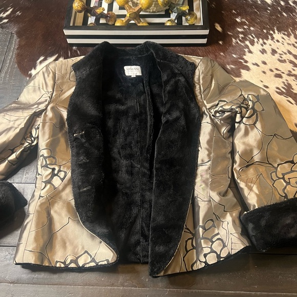 ARMANI COLLEZIONI Gold and Black Floral Print Blazer W Soft Rare Fuzzy Lining - Picture 1 of 11
